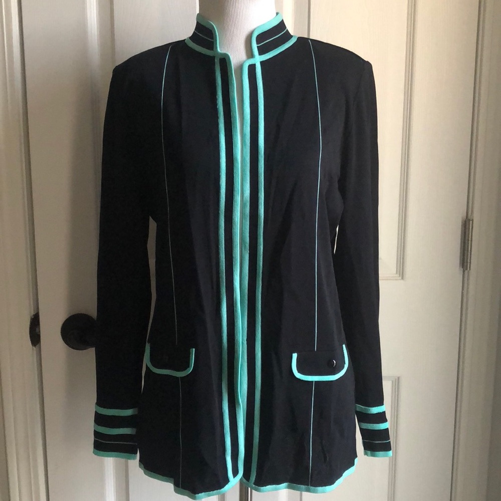 Ming Wang Black & Seafoam Green High Neck Open Front Knit Cardigan size Small